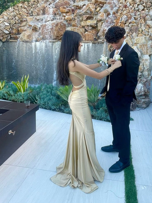 Elegant Champagne Straps Sweetheart Neck Backless Satin Formal Long Prom Dress Bridesmaid Dress TP2334