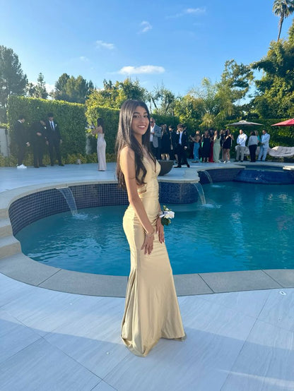 Elegant Champagne Straps Sweetheart Neck Backless Satin Formal Long Prom Dress Bridesmaid Dress TP2334