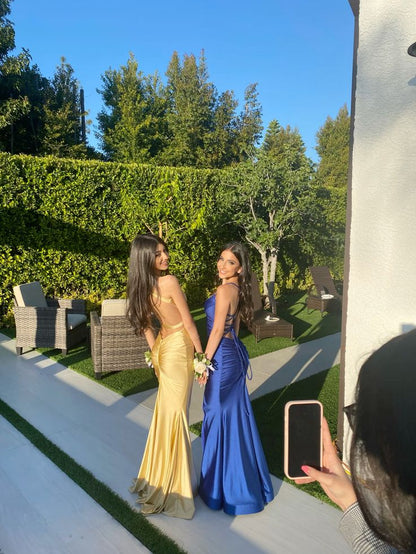 Elegant Champagne Straps Sweetheart Neck Backless Satin Formal Long Prom Dress Bridesmaid Dress TP2334