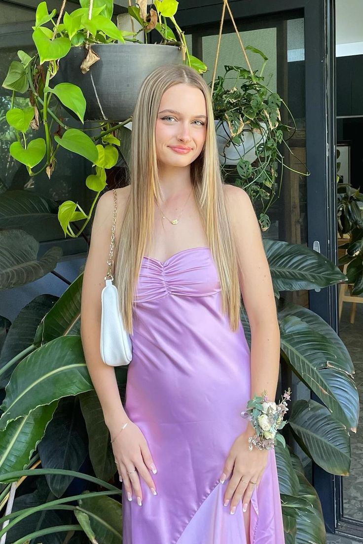 Spaghetti Strap Satin Sleeveless Slit Ankle-Length Prom Dress Bridesmaid Dress TP2338