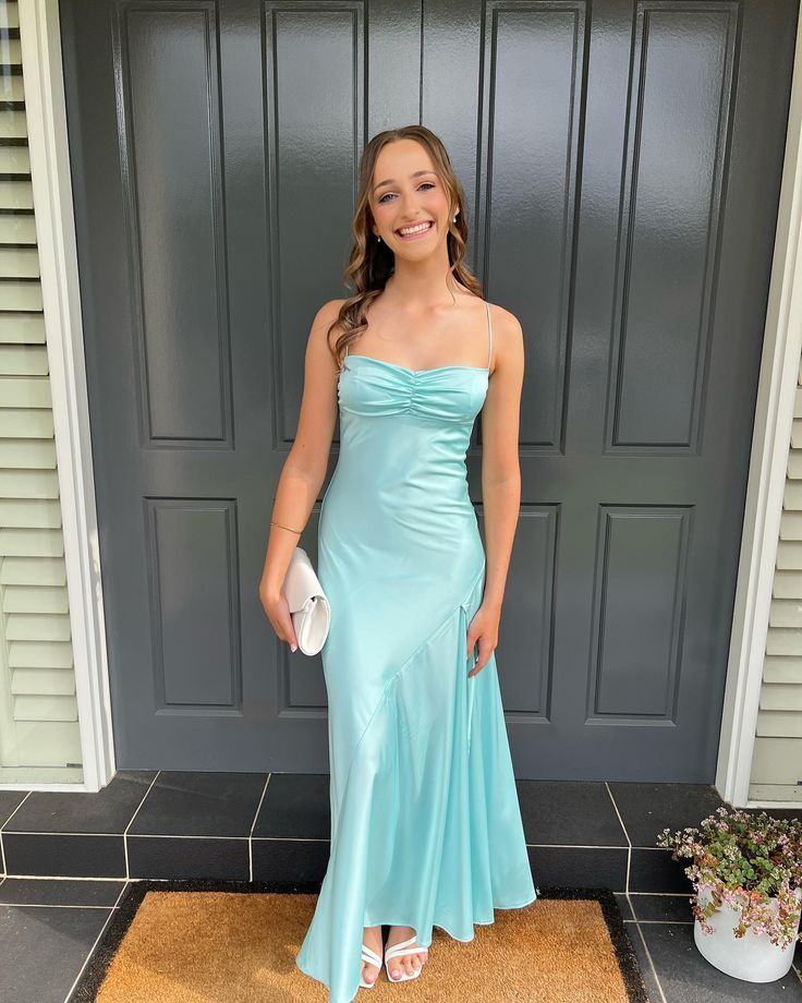 Spaghetti Strap Satin Sleeveless Slit Ankle-Length Prom Dress Bridesmaid Dress TP2338