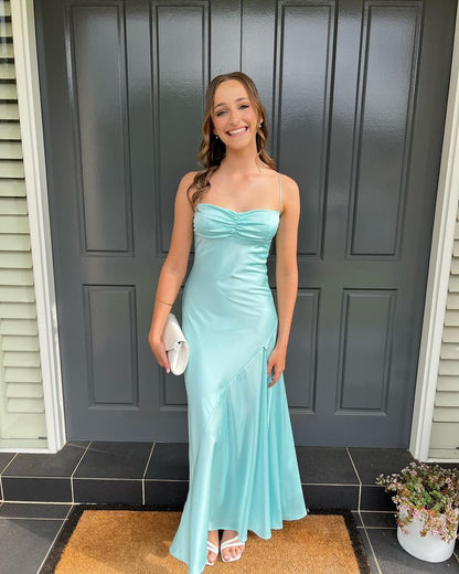 Spaghetti Strap Satin Sleeveless Slit Ankle-Length Prom Dress Bridesmaid Dress TP2338