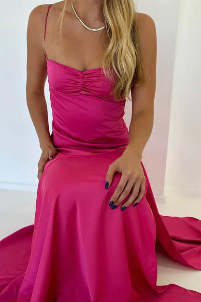 Spaghetti Strap Satin Sleeveless Slit Ankle-Length Prom Dress Bridesmaid Dress TP2338