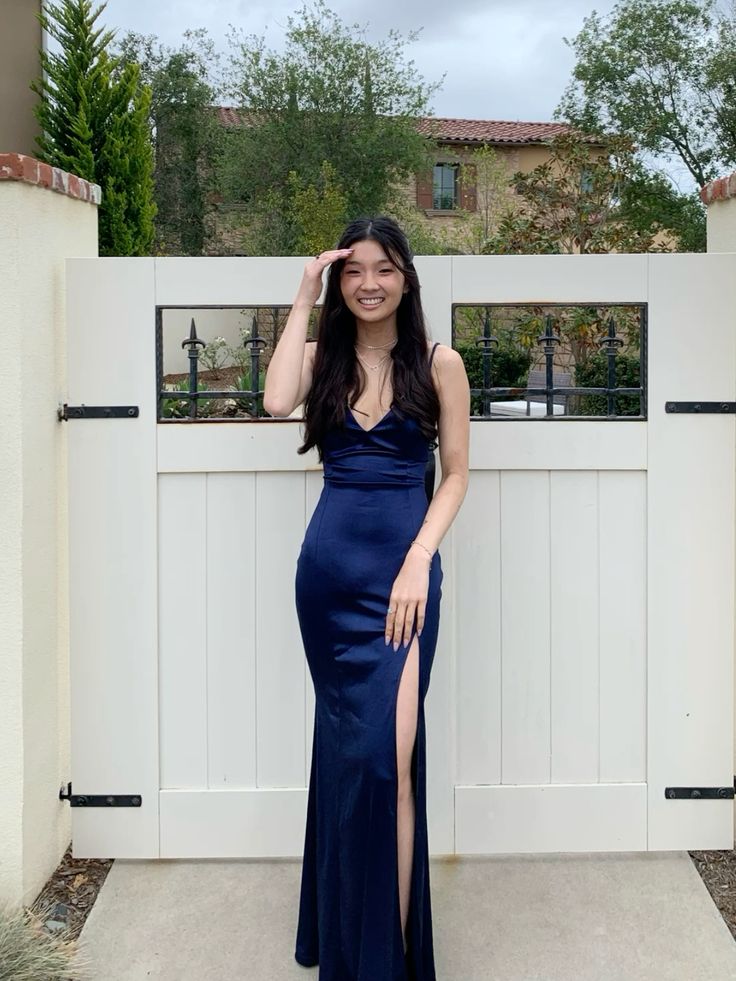 Navy Spaghetti Strap V Neck Satin Slit Formal Long Prom Dress  Bridesmaid Dress TP2356