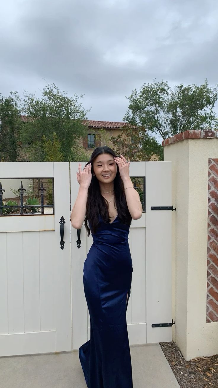 Navy Spaghetti Strap V Neck Satin Slit Formal Long Prom Dress  Bridesmaid Dress TP2356