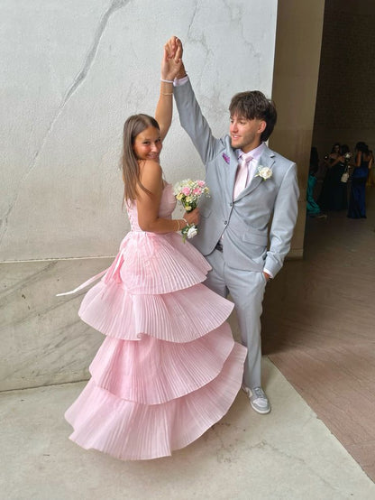Elegant Strapless Pink A-Line Tiered Ankle-Length Prom Dress Bridesmaid Dress TP2395
