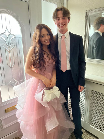 Elegant Pink A-line Spaghetti Strap Backless Layered Tulle Long Ball Gown Bridesmaid Dress TP2401