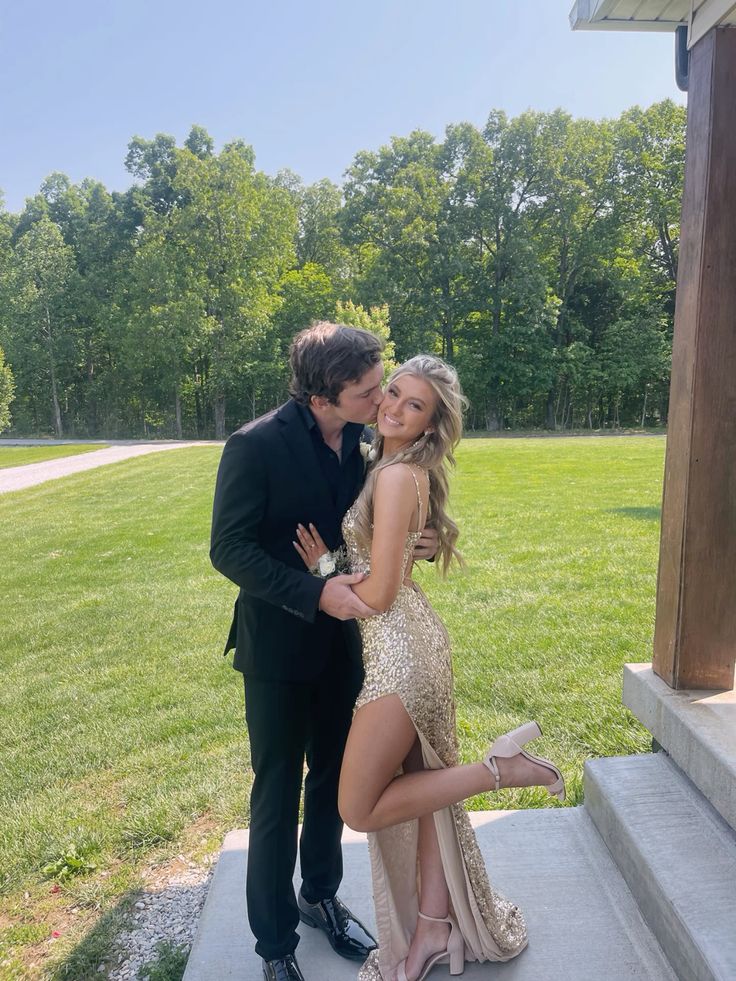 Shiny Gold Spaghetti Strap Sleeveless High Slit Floor Length Ball Gown Bridesmaid Dress TP2422