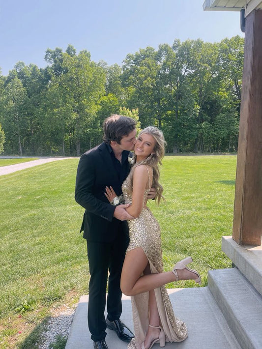 Shiny Gold Spaghetti Strap Sleeveless High Slit Floor Length Ball Gown Bridesmaid Dress TP2422