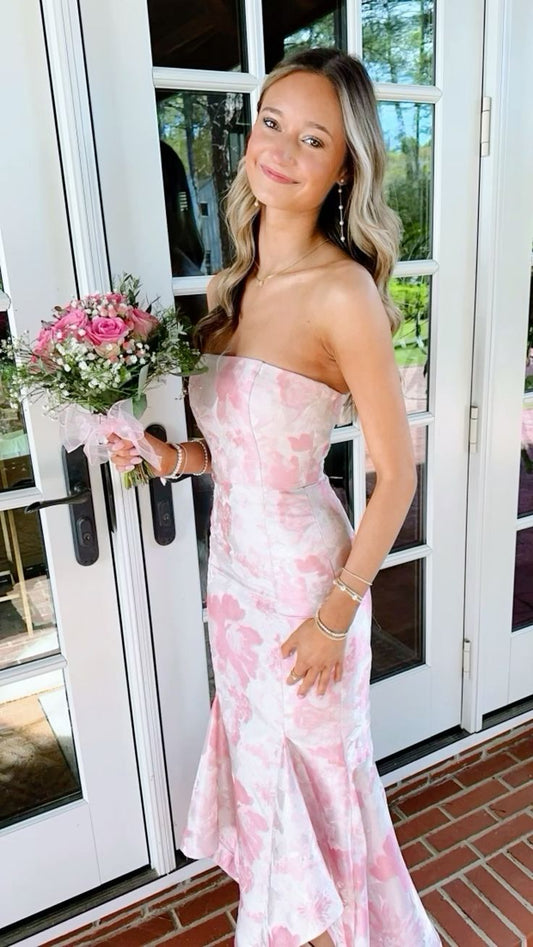 Elegant Pink Printed Strapless Mermaid Long Prom Dress Bridesmaid Dress TP2468