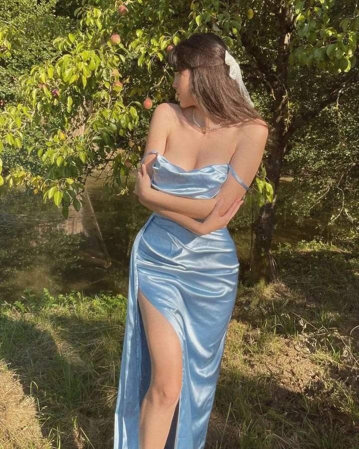 Elegant light blue strappy satin long prom dress with slits and bridesmaid dress TP2560