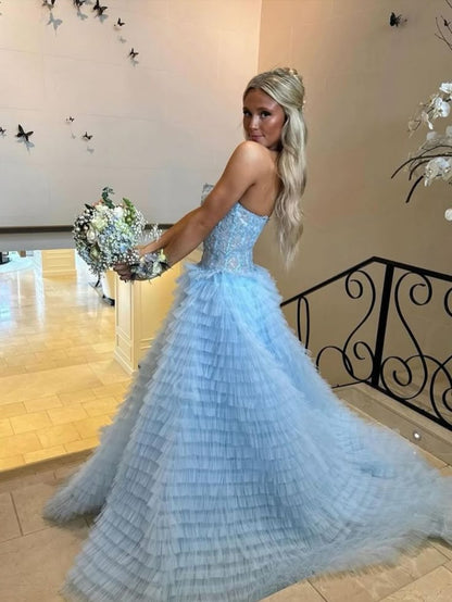 Gorgeous blue off-the-shoulder sleeveless A-line slit tulle layered floor-length prom dress bridesmaid dress TP2595
