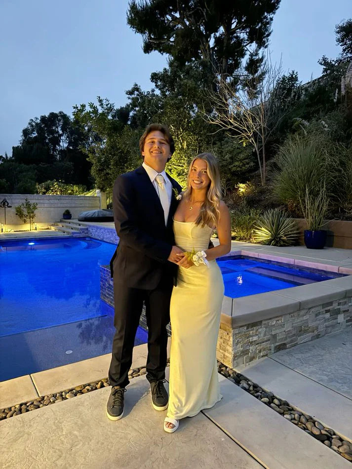 Classic Light Yellow Strapless Sleeveless Satin Mermaid Prom Dress Bridesmaid Dress TP2606