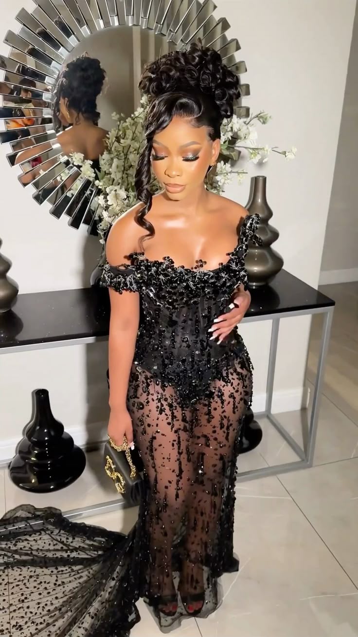 Sexy Black Off Shoulder Sparkling Mermaid Train Prom Dress Evening Dress TP2608