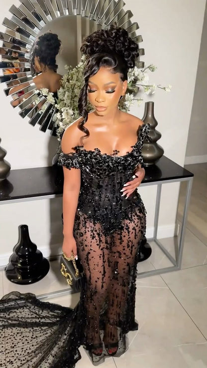 Sexy Black Off Shoulder Sparkling Mermaid Train Prom Dress Evening Dress TP2608