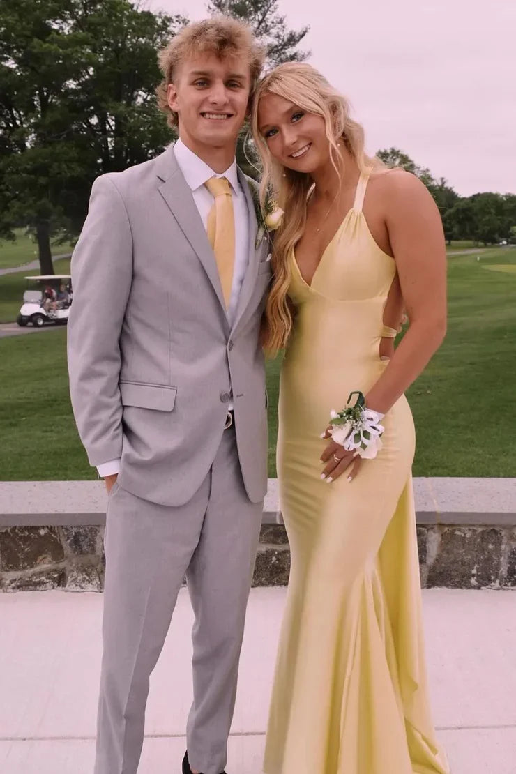 Elegant light yellow off-shoulder V-neck mermaid backless long prom dress bridesmaid dress TP2612