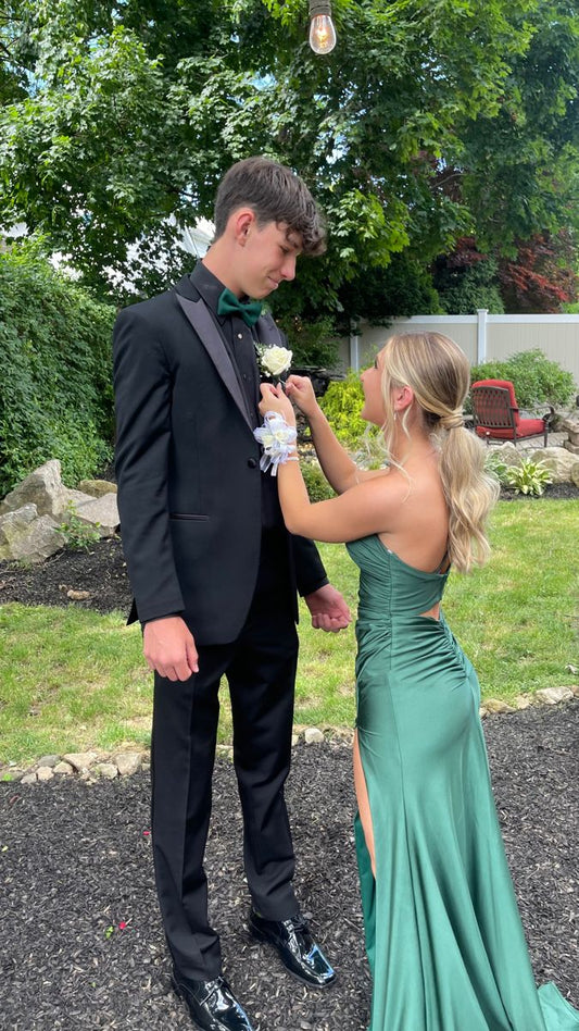 Simple One Shoulder Green Satin High Slit Mermaid Prom Dress Bridesmaid Dress TP2642