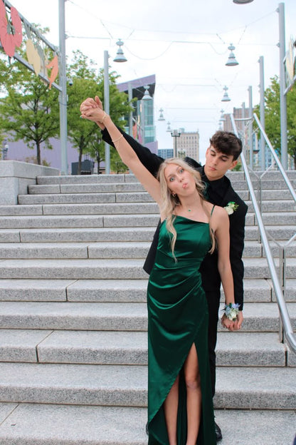 Chic Green Satin Strapless Slit Long Prom Dress Bridesmaid Dress TP2680