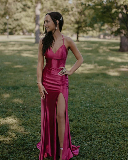 Strapless Simple V-neck Pink Satin Mermaid Slit Long Prom Dress Bridesmaid Dress TP2682