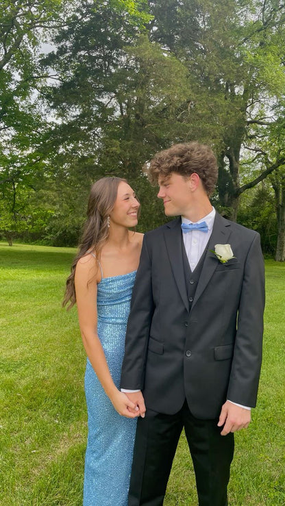 Sparkling Straps Blue Mermaid Prom Dress with Slits Bridesmaid Dress TP2694