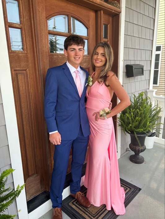 Elegant Pink Backless Sleeveless Mermaid Satin Long Prom Dress Bridesmaid Dress TP2774