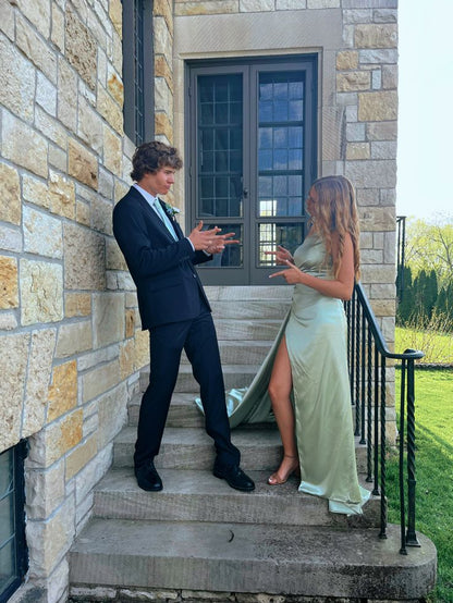 Simple one-shoulder green satin slit floor-length prom dress bridesmaid dress TP2777