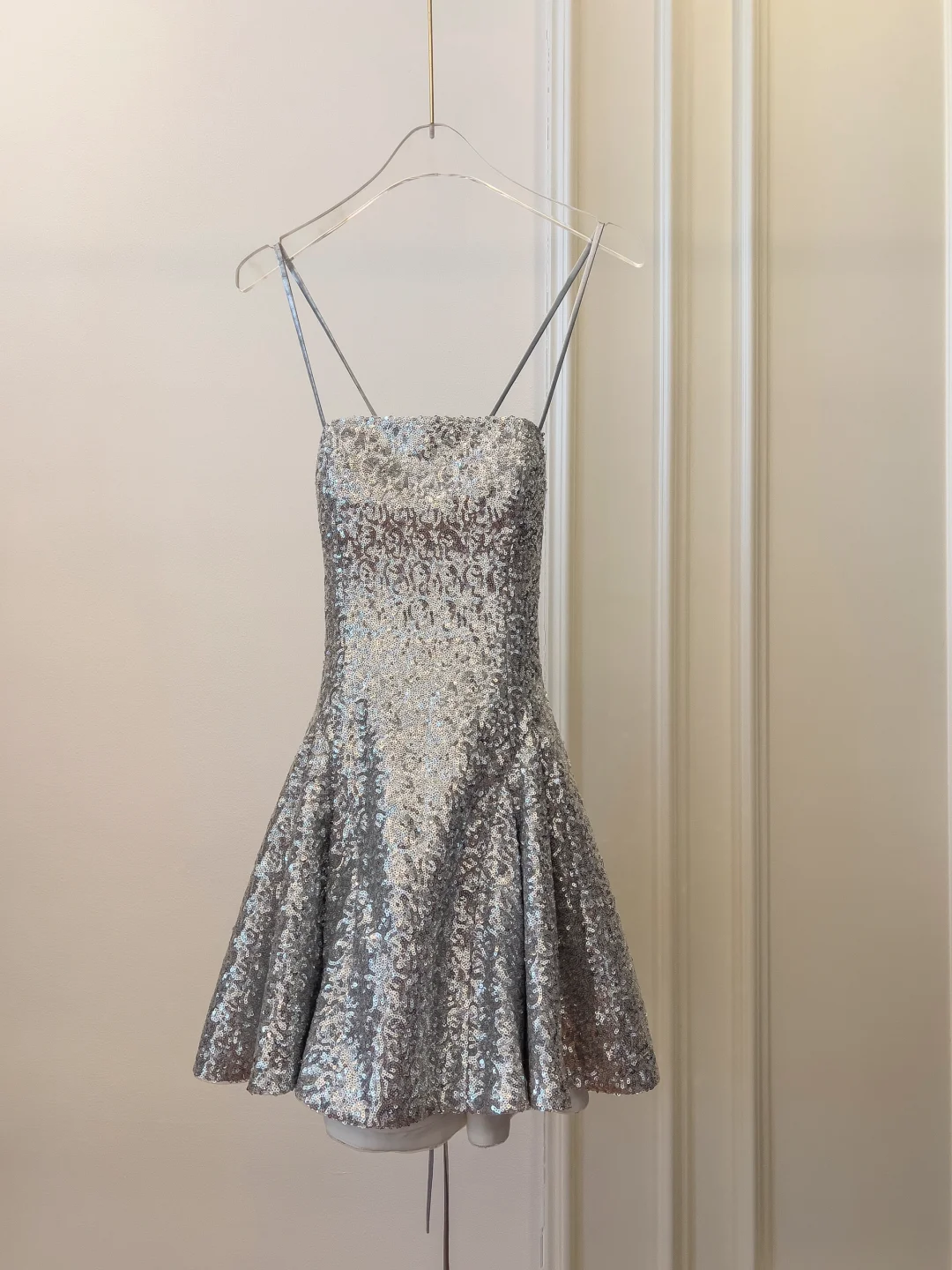 Shiny A Line Spaghetti Strap Silver Sequin Short Open Back Homecoming Dress Cocktail Dress SH3005
