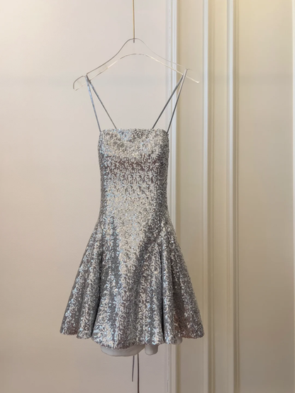 Shiny A Line Spaghetti Strap Silver Sequin Short Open Back Homecoming Dress Cocktail Dress SH3005