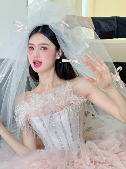 Cute A Line Strapless Corset Feather Pink Tulle Short Homecoming Dress Cocktail Dress SH2995