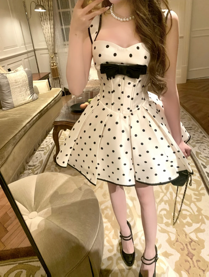 Cute A Line Strap Bow Polka Dot Satin Short Homecoming Dress Cocktail Dress SH3087