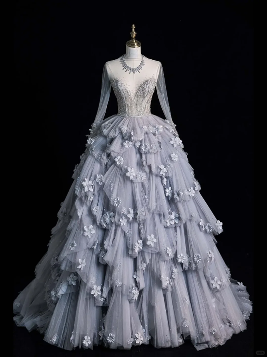 Unique A Line Long Sleeve Flower Tiered Tulle Long Party Dress Evening Dress Ball Gown SH2815