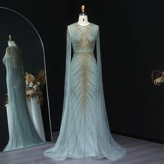 Turquoise Beaded Mermaid Evening Dress with Cape Sleeves SS028