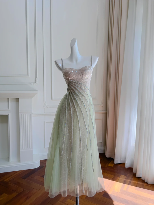 Stunning A Line Spaghetti Strap Beaded Sequin Green Ombre Tulle Prom Dress Evening Dress SH3013