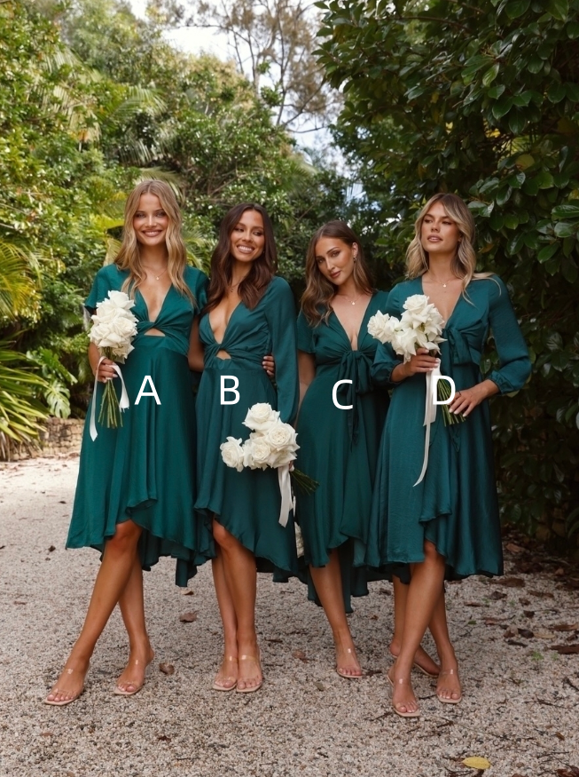 Elegant A Line V Neck Green Satin Short Evening Dress Bridesmaid Dress SH2699