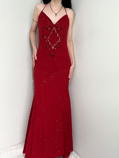 Vintage Mermaid Spaghetti Strap Sequin Beaded Red Chiffon Evening Dress Party Dress SH2690