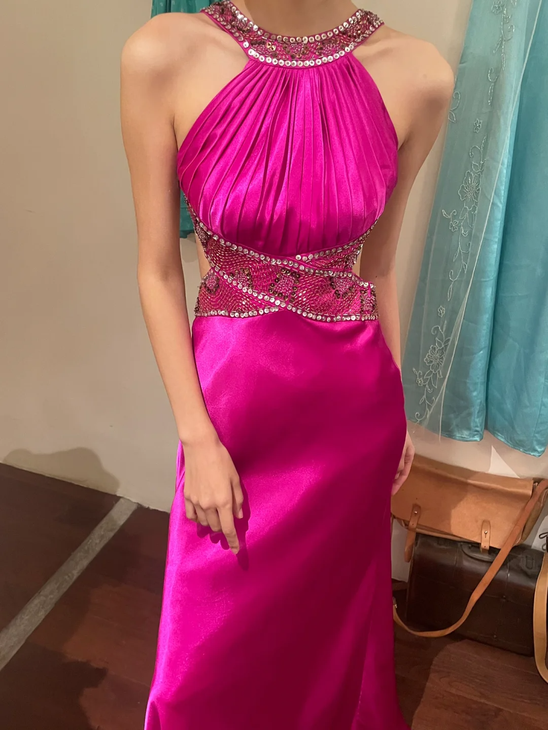 Vintage Mermaid Halter Beaded Sequin Pink Satin Long Open Back Party Dress Cocktail Dress SH2947