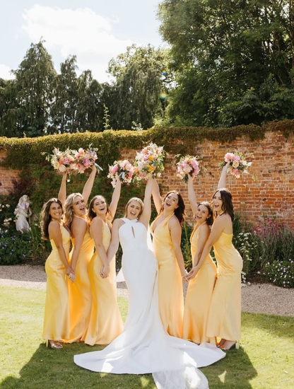 Simple Mermaid Halter Yellow Satin Open Back Bridesmaid Dress Evening Dress SH2796