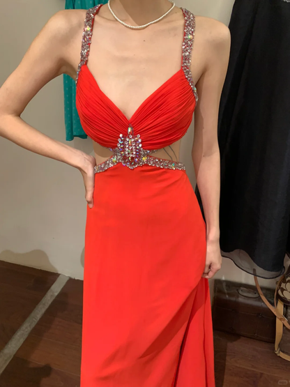 Vintage A Line Spaghetti Strap Red Beaded Sequin Chiffon Long Open Back Prom Dress Evening Dress SH2972