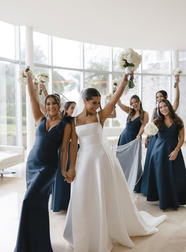 Navy Blue Mermaid V Neck Satin Long Bridesmaid Dress Evening Dress with Bow SH3272