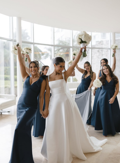 Navy Blue Mermaid V Neck Satin Long Bridesmaid Dress Evening Dress with Bow SH3272