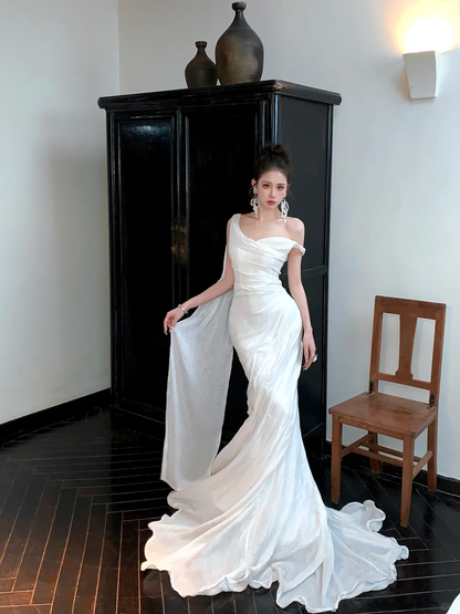 Elegant Mermaid Straps White Satin Long Sweep Party Dress Wedding Dress SH2950