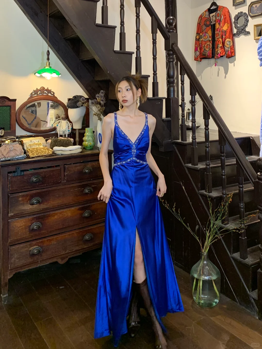 Vintage A Line Halter Beaded Dark Blue Satin Open Back Prom Dress Evening Dress with Slit SH3085