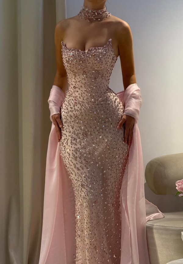 Pink Sheath Strapless Exquisite Rhinestone Tulle Long Prom Dress Evening Dress SH4625