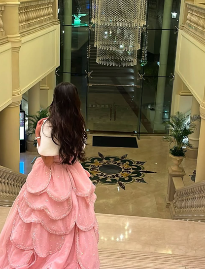 Pink A Line Strapless Tiered Beaded Tulle Party Dress Evening Dress Ball Gown SH2819