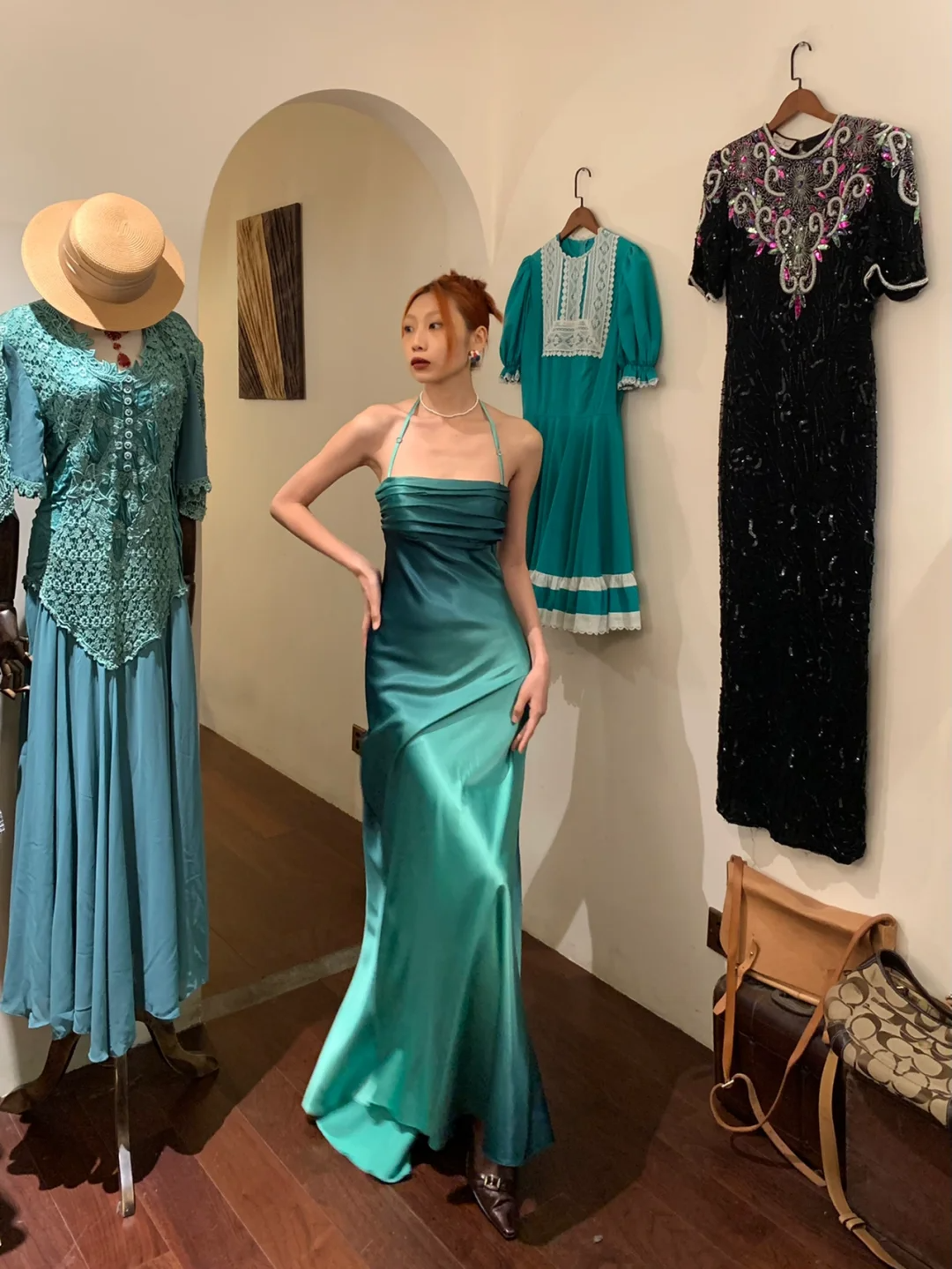 Simple A Line Halter Ombre Blue Satin Open Back Prom Dress Evening Dress SH2974