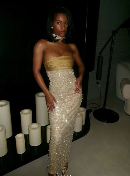 Shiny Sheath Strapless Long Yellow Sequin Satin Party Dresses Prom Dresses SH2898