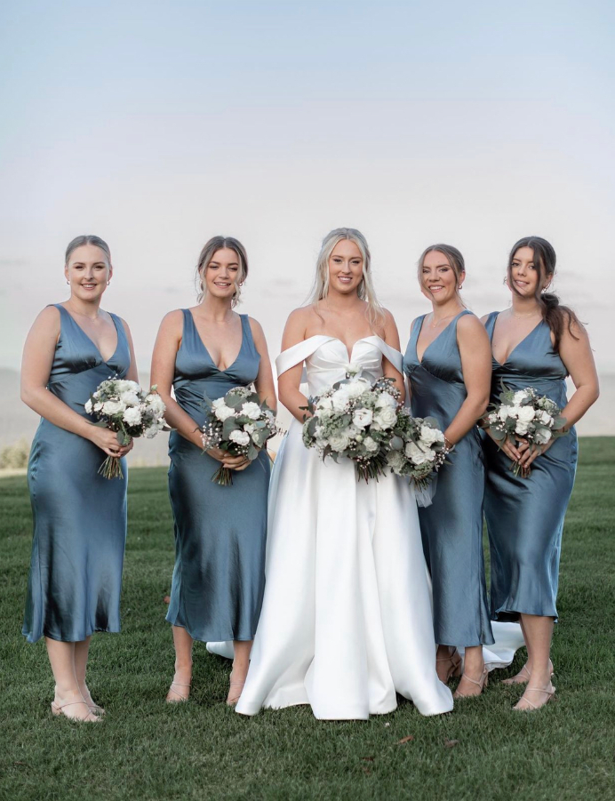 Cute Sheath V Neck Blue Satin Bridesmaid Dress Evening Dress SH2833