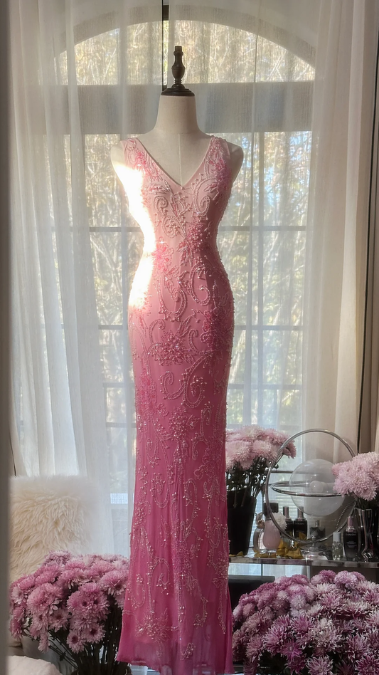 Gorgeous Sheath V Neck Beaded Pink Ombre Chiffon Long Party Dress Wedding Guest Dress SH2943