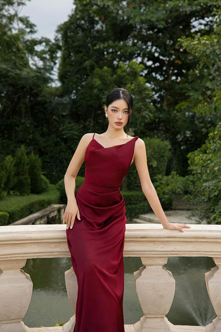 Elegant Burgundy Satin Long Bridesmaid Dress, Formal Party Dress D961