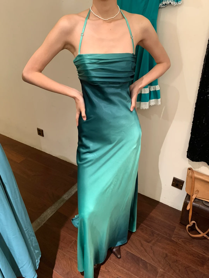 Simple A Line Halter Ombre Blue Satin Open Back Prom Dress Evening Dress SH2974